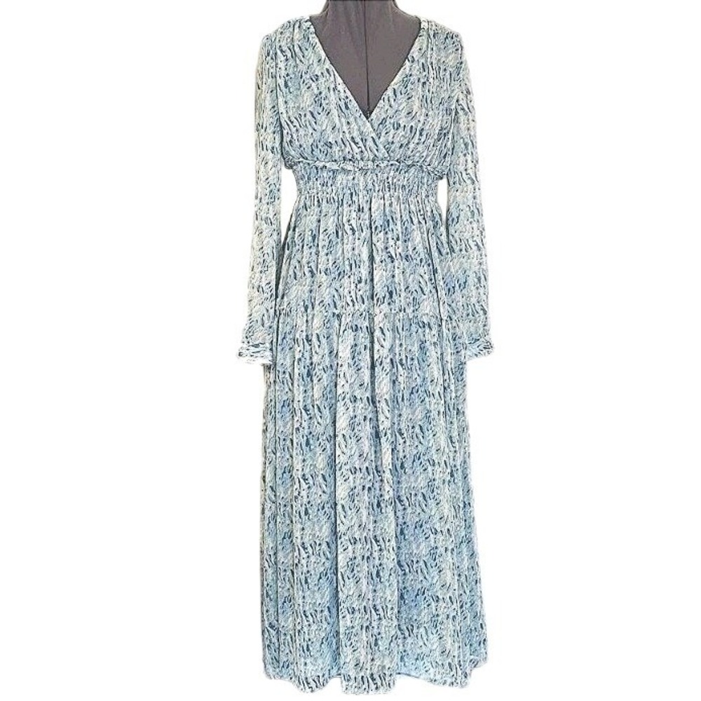 Taylor tiered cottage dress size 2 long sleeve blue green fit flare ankle length